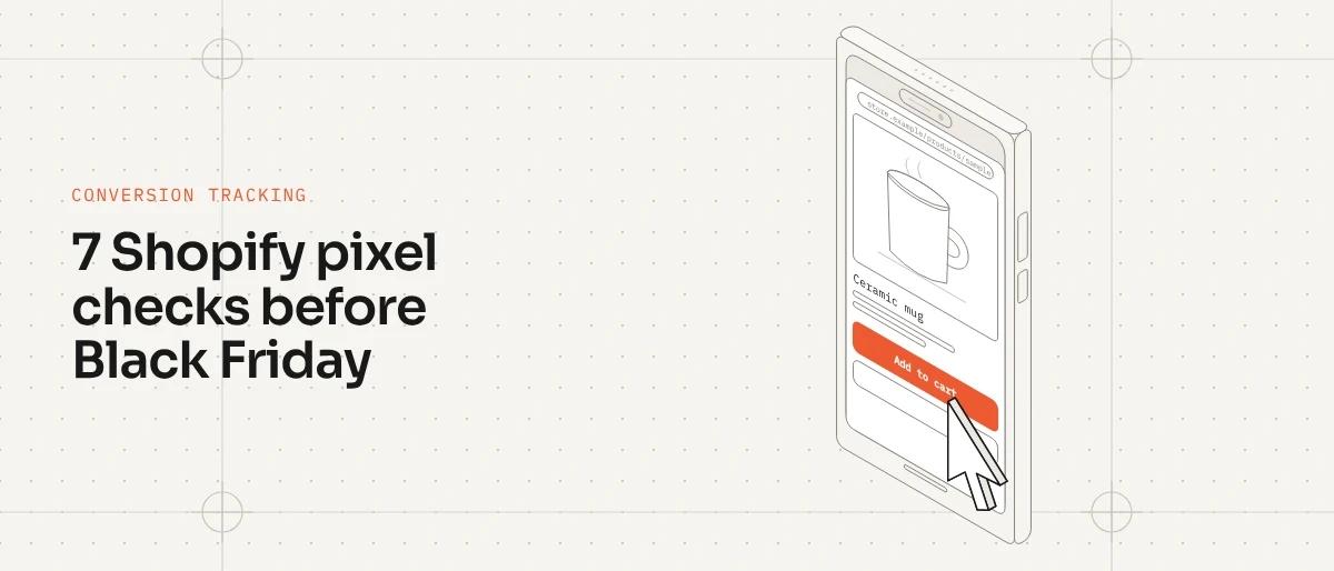 Isometric phone on a mug product page with a cursor over an orange Add to cart button